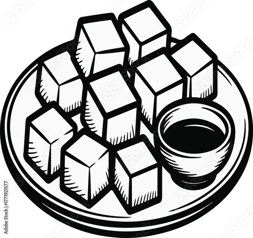 Hand drawn food sketch of tofu cubes served on a plate with dipping sauce