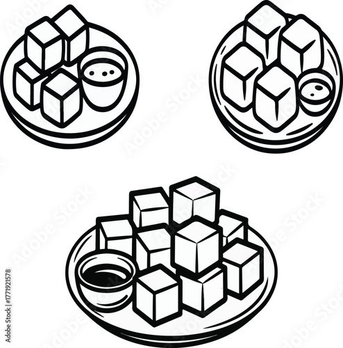Hand drawn food sketch of tofu cubes platter set with chocolate bowl