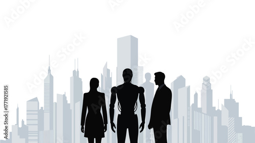 Futuristic cityscape silhouettes feature a diverse team including a human-robot partnership ready for urban innovation and progress
