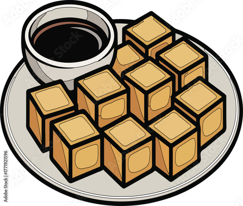 Crispy fried tofu cubes served with savory soy dipping sauce for a delicious snack