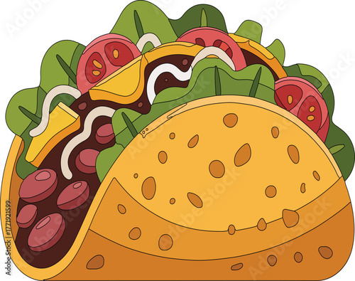 Delicious taco filled with fresh vegetables, cheese, and beans, perfect for lunch or dinner.