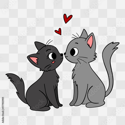 Hand-drawn illustration cute cats in love in Valentine’s Day.  Lovely kitty couple with hearts and loving 