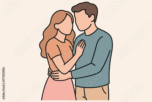 Loving couple embracing tenderly with warmth and affection in a simple line art illustration