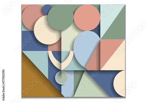 Abstract geometric composition with overlapping shapes in pastel colors and soft shadows.