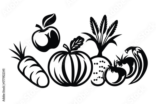 Monochrome still life showcases an apple, carrot, pumpkin, pineapple, tomatoes, and leafy vegetables