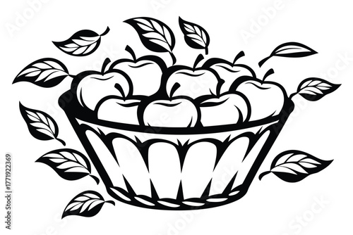 Monochrome still life presents a basket overflowing with apples and scattered leaves artistically