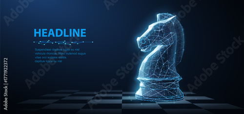 Knight. Abstract vector 3d chess knight isolated on blue. Business strategy, marketing solution, strategic vision, innovate technology concept.

