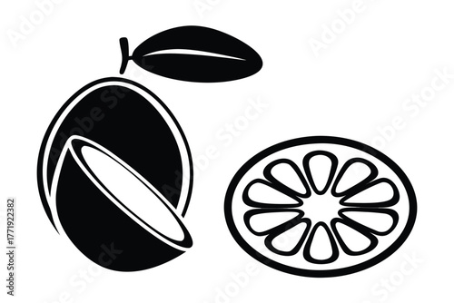 Monochrome stylized lime with single leaf and round cut slice evokes citrusy freshness