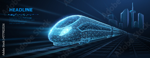 Fast express passenger train on high speed intercity railway moving from city. Futuristic technology. Modern town cityscape. 3d abstract railroad travel concept

