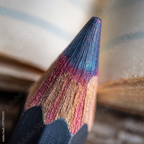 Macro Close-Up of a Vividly Colored Pencil Tip Against Book Pages.
