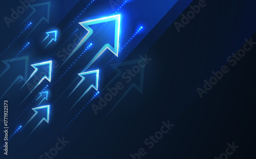Up arrows on deep blue background space with one big arrow. Business growth, development progress, financial company statistic, hi results, investment grow concept Financial result graph.

