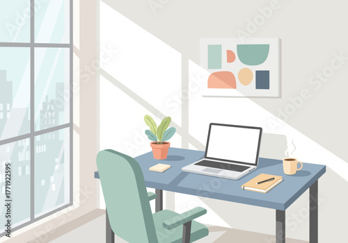 A modern home office workspace with a laptop on a desk by a sunny window overlooking a city.