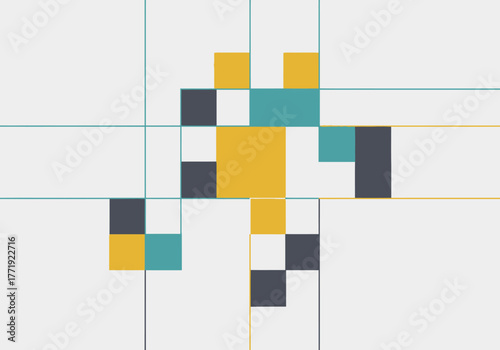 Abstract pixel art illustration of a stylized animal, possibly a cat or fox, composed of colorful geometric squares on a grid background.