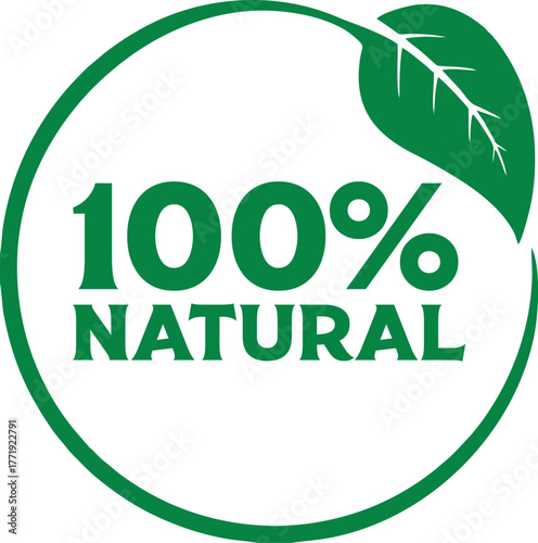 One hundred percent natural vector emblem green leaf icon in a circle eco-friendly label for organic products and healthy lifestyl