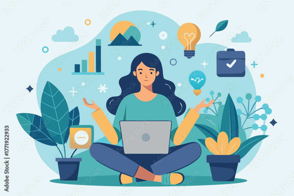 Fototapeta premium Woman working on laptop with business icons floating around her, symbolizing productivity and creativity