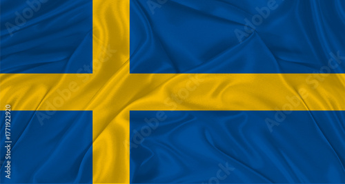 Swedish flag with fabric texture. Realistic flag of Sweden waving