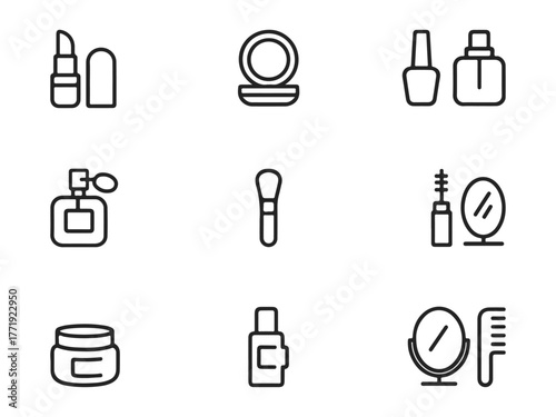 A minimal line-style icon set named PureGlow, featuring cosmetics and beauty care items
