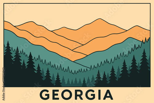 Stylized illustration of rolling orange mountains above a dark green pine forest with the word georgia below
