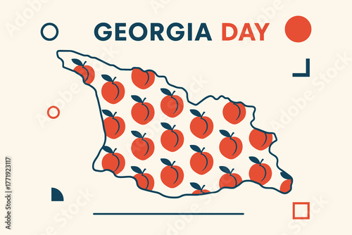 Georgia day celebration with map outline filled with peaches and festive geometric elements