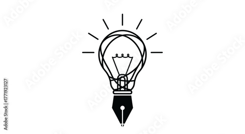 Creative concept icon of a glowing lightbulb merged with a fountain pen nib, symbolizing ideas and writing.