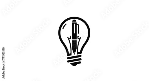A creative concept icon showing a fountain pen inside a light bulb, symbolizing ideas and writing.