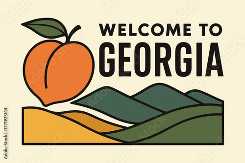Welcome to georgia peach state with rolling hills and stylized peach illustration