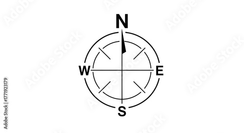 A simple black and white compass rose with cardinal directions and a needle pointing north, on a white background.