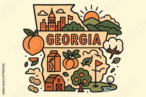 Vibrant illustration of georgia state landmarks and agriculture in a cartoon style