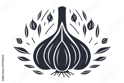 Outlined garlic bulb and cloves create a simple, striking food illustration