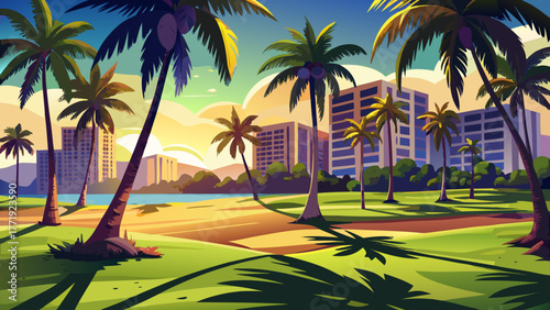 Very beautiful view of palm trees (Arecaceae) casting long shadows on grassy parkland in the Waikiki area of Honolulu, Oahu, Hawaii, USA, with tropical greenery and sunny skies creating a serene urban