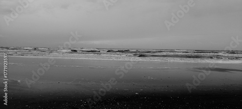 black and white photograph of the beach