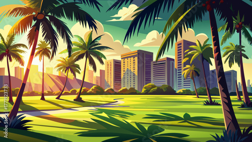 Very beautiful view of palm trees (Arecaceae) casting long shadows on grassy parkland in the Waikiki area of Honolulu, Oahu, Hawaii, USA, with tropical greenery and sunny skies creating a serene urban