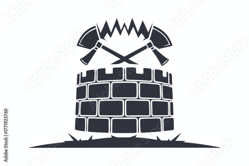 Silhouette illustration reveals two axes crossing above a well made of bricks