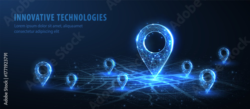 One big abstract pin icon on the city map with a few small pins. Transportation delivery, map location, transport logistics, tourism navigation, concept. Gps navigation, new location. Blue background
