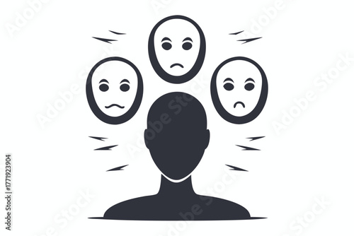 Silhouette of person surrounded by masks showing diverse sad emotional expressions above them