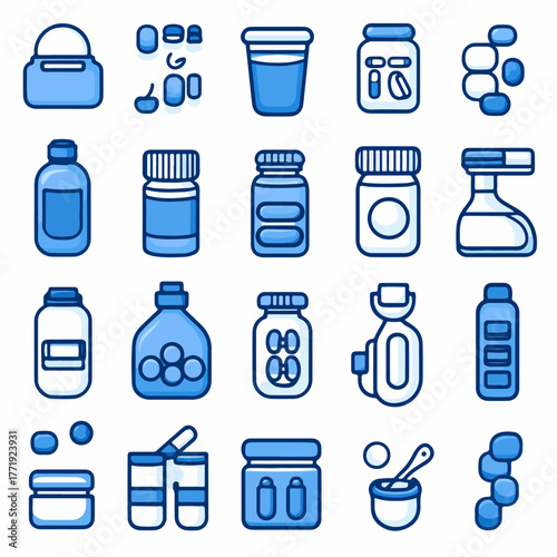 Pharmaceutical container collection, medical packaging, and healthcare supplies for medication and supplements