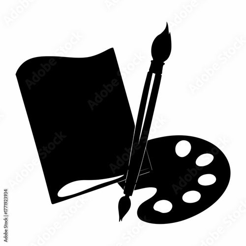 Illustration of a sketchbook with a paintbrush and a paint palette in black and white color scheme