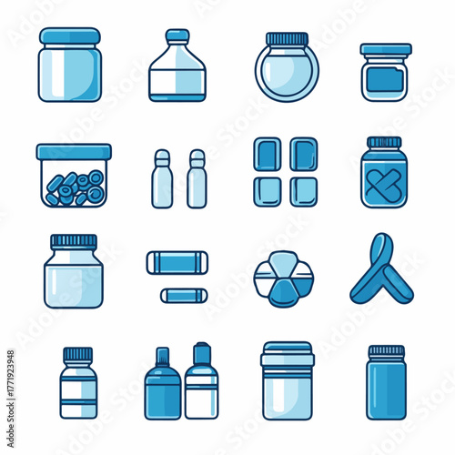 Collection of various pharmaceutical and medical containers and bottles for pills and liquids