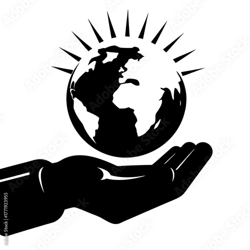 A black and white graphic of a hand holding a globe with radiating lines from the top of the globe