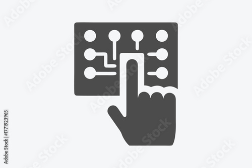 Silhouette shows hand interacting with a circuit board through touch on the screen