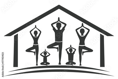 Silhouetted figures practice yoga poses inside a simple house shape, promoting family health and wellness