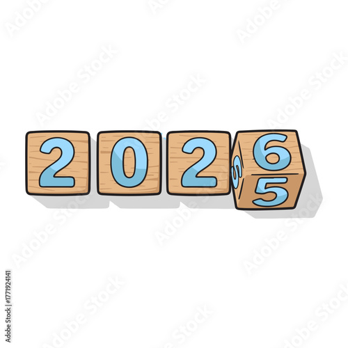 Cartoon illustration of wooden number blocks flipping from 2025 to 2026, symbolizing the transition to the New Year 2026 and the excitement of new beginnings