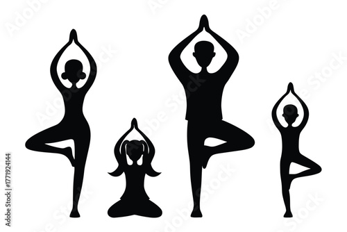 Silhouettes of four people doing tree pose positions are featured together on white
