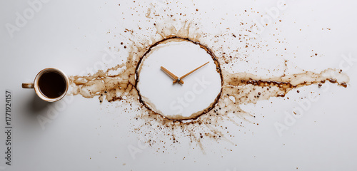 Clock face made of coffee ring stain on time concept