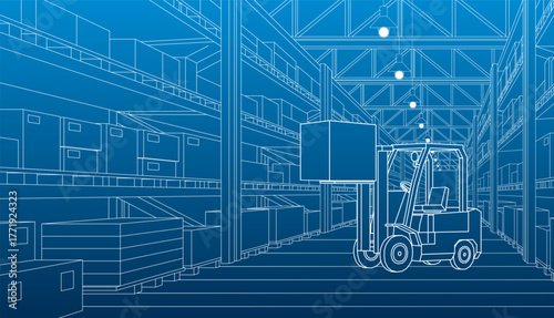 Forklift and warehouse. Automatic stock storage, modern distribution building, ecommerce warehouse, digital logistics, smart package hardware, AI delivery system, innovation in cargo

