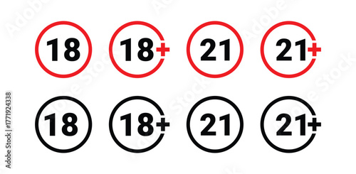18 plus 21 plus only icon. Age limit under 18 years old is forbidden circle sign symbol vector illustration. Under 18 sign in on white background. Over 18 only censored. Eighteen age older forbidden.