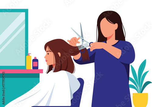 Flat vector of hairstylist cutting woman’s hair in modern salon, personal grooming and fashion care illustration