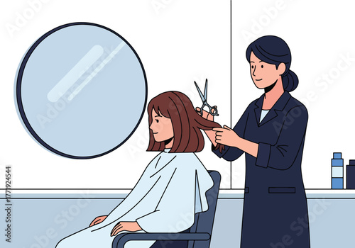 Flat vector of hairstylist cutting woman’s hair in modern salon, personal grooming and fashion care illustration