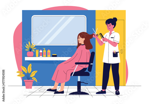 Flat vector of hairstylist cutting woman’s hair in modern salon, personal grooming and fashion care illustration