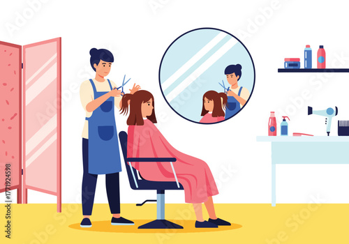 Flat vector of hairstylist cutting woman’s hair in modern salon, personal grooming and fashion care illustration